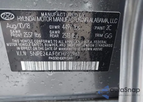 2019 Hyundai Sonata Se z USA, uszkodzony, nr VIN 5NPE24AF0KH730961